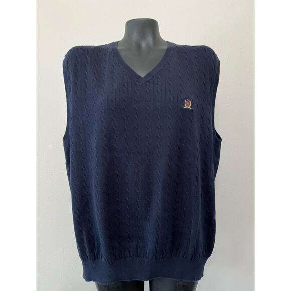 VTG Tommy Hilfiger Sweater Vest Sz L Navy Blue Cable Knit Cotton Preppy 90s - Picture 1 of 4